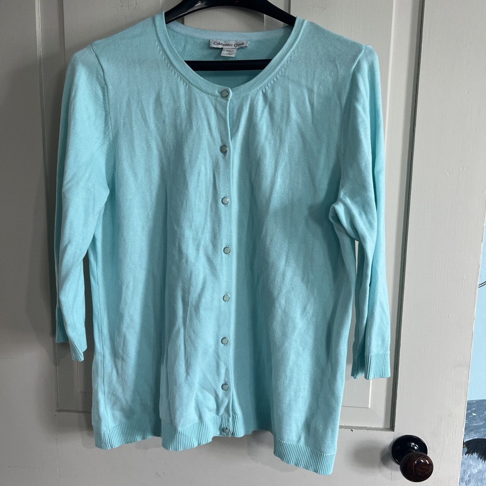 Coldwater Creek Cardigan Cozy M Blue Knit Button Front Sweater Fairy Teacher